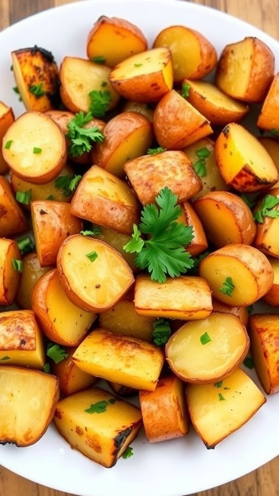 Crispy roasted new potatoes garnished with parsley on a rustic plate.